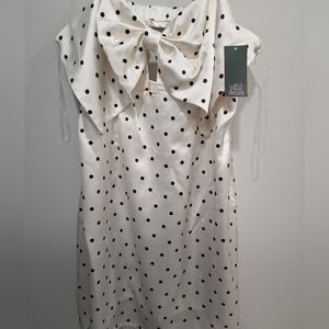 Wild Fable NWT Polka Dot Bow Front Mini Dress Cream Black Size L